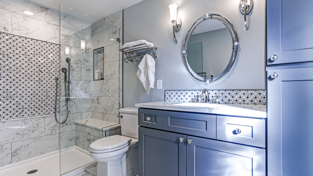 Colourful geometric bathroom tiles for splashback ideas