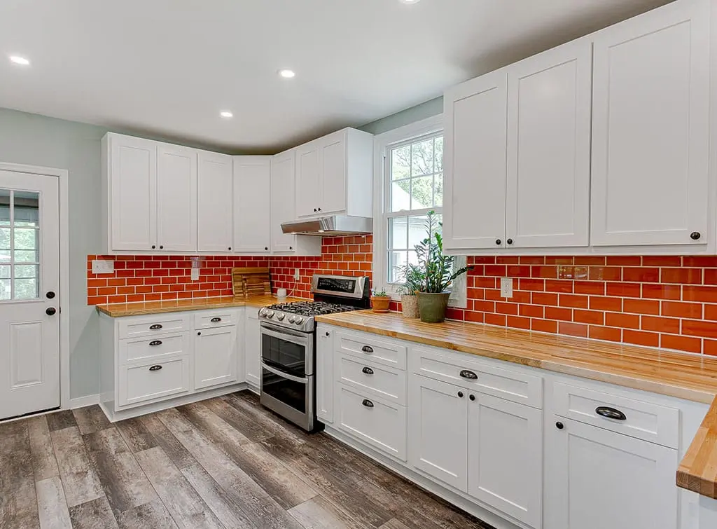 red Metro tiles for kitchen splashback