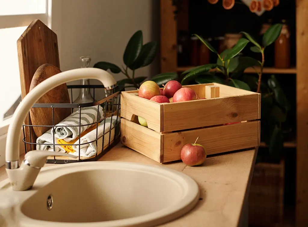 baskets on kitchen counter