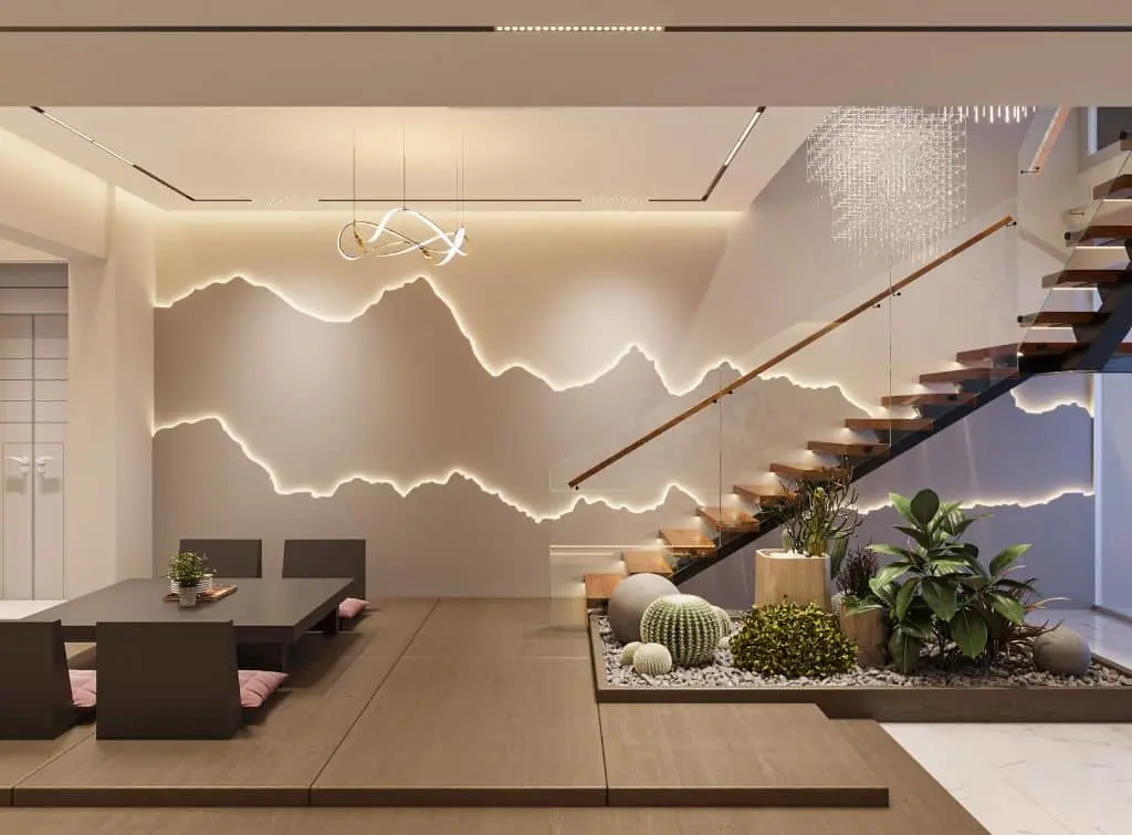 Light art for a living room wall mural design idea