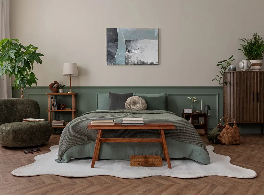 brown and green bedroom