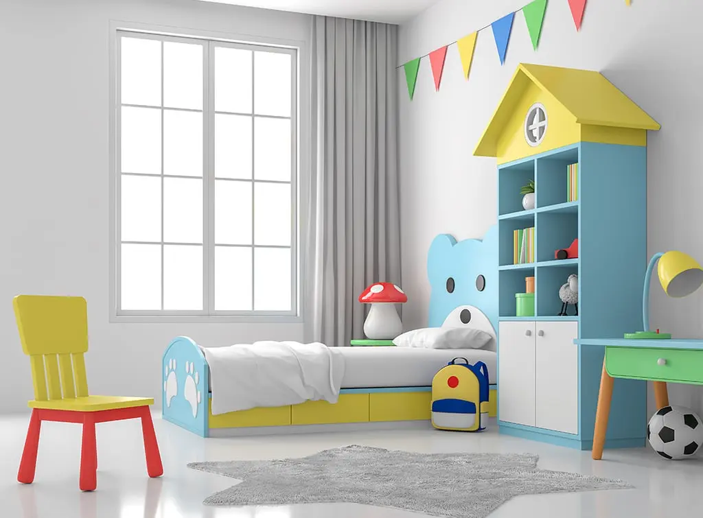 AI-generated image of colourful bedroom furniture in a neutral room