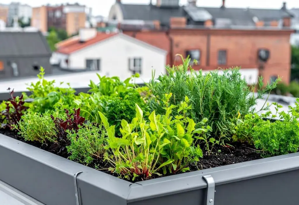Roof garden box in city setting