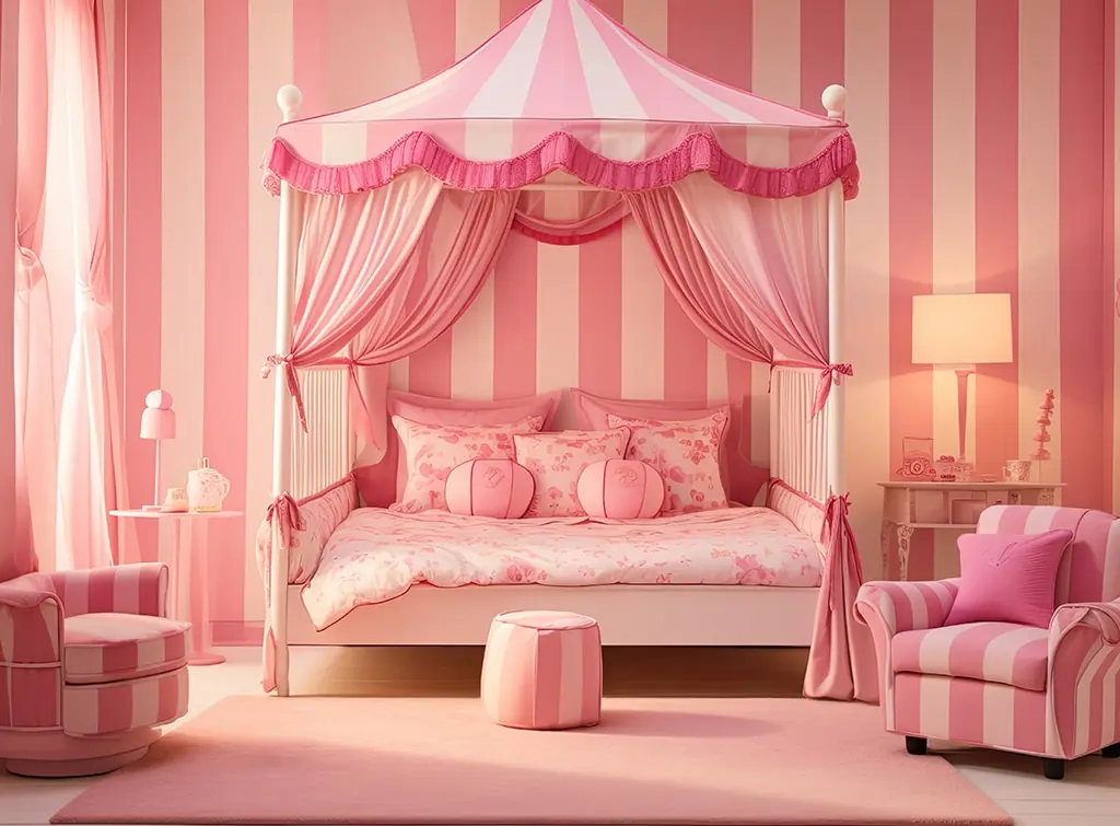 AI-generated image of a pink bedroom with striped wallpaper