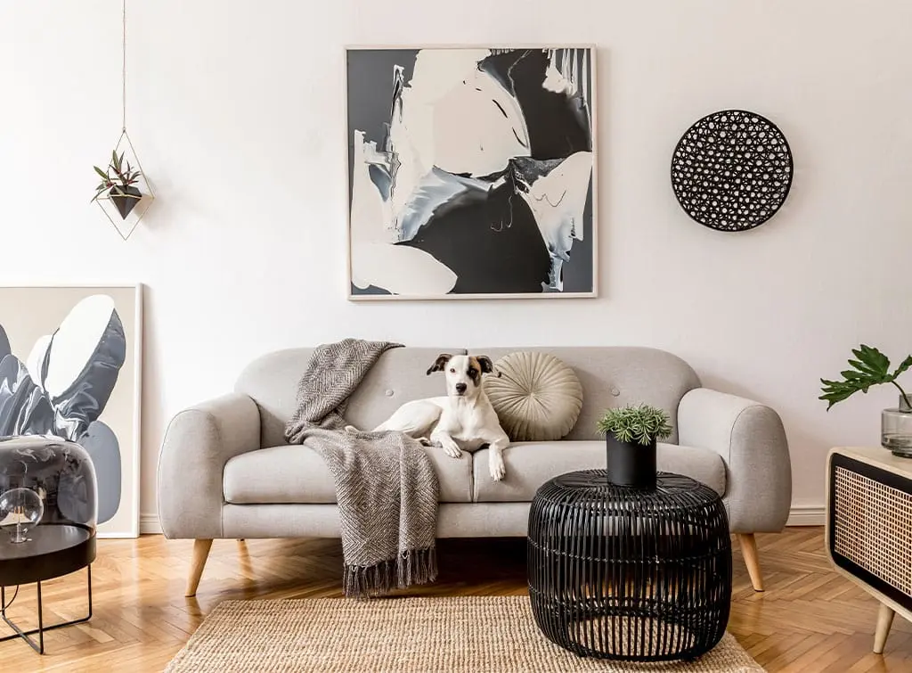 Neutral living room with black accents