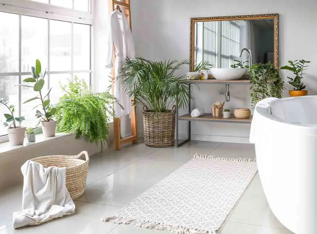 Biophilia interior bathroom with plants and lighting