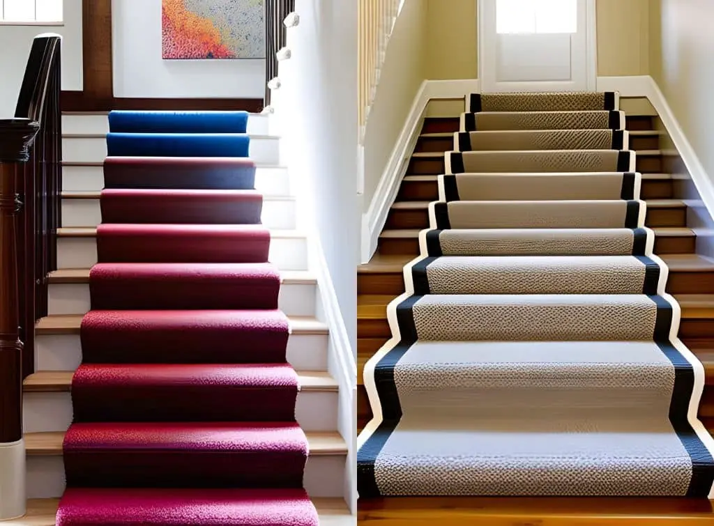 Two photos of stair carpet ideas - one with an ombre effect and one with a neutral vertical stripe