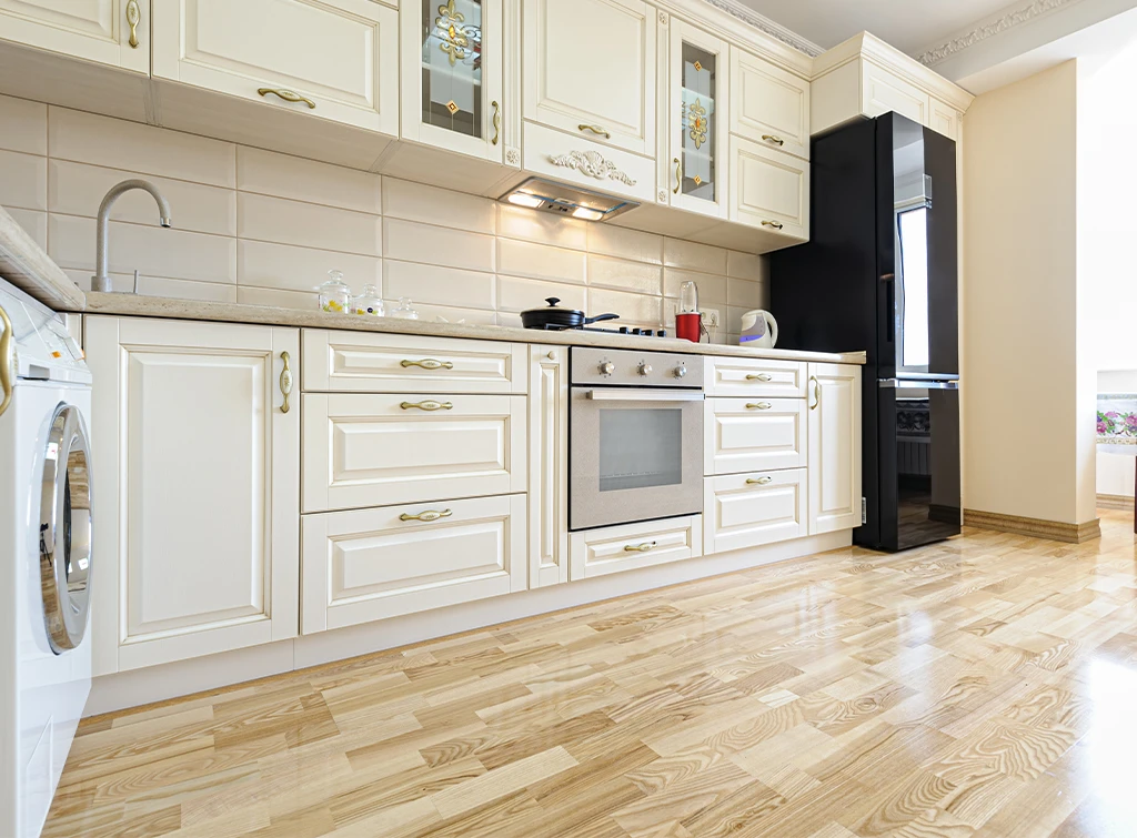 pale laminate kitchen flooring idea
