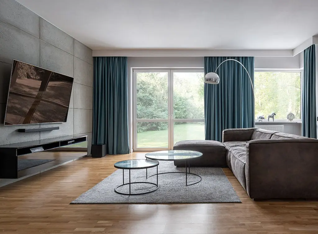 Teal curtains and grey