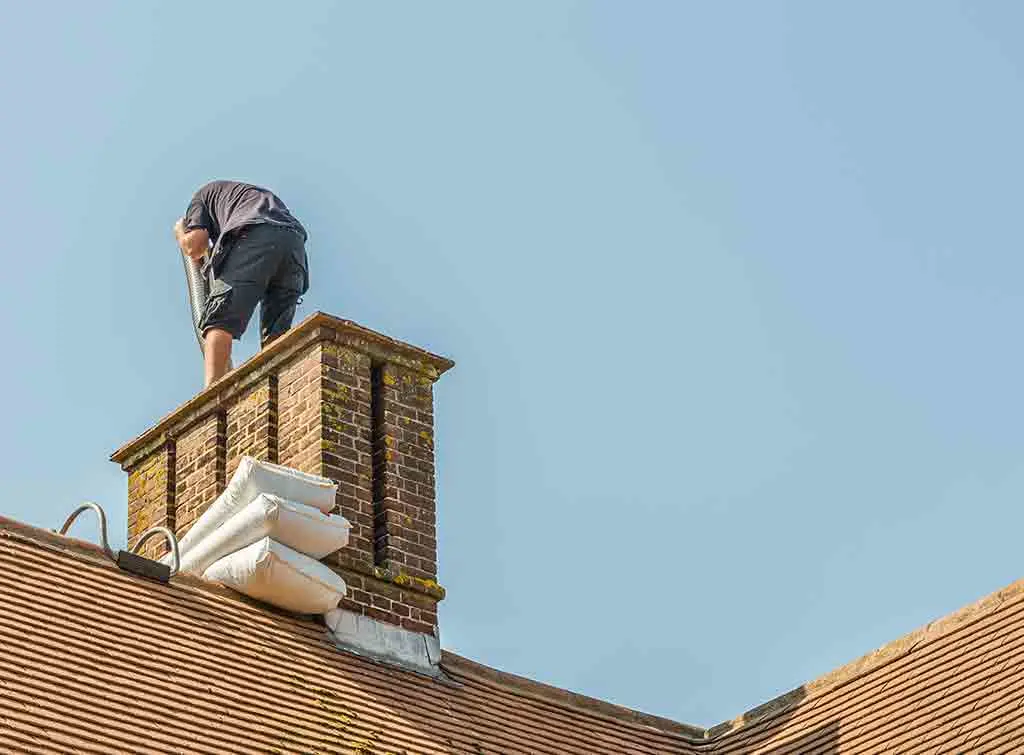 Tradesperson installing liner into chimney flue from roof