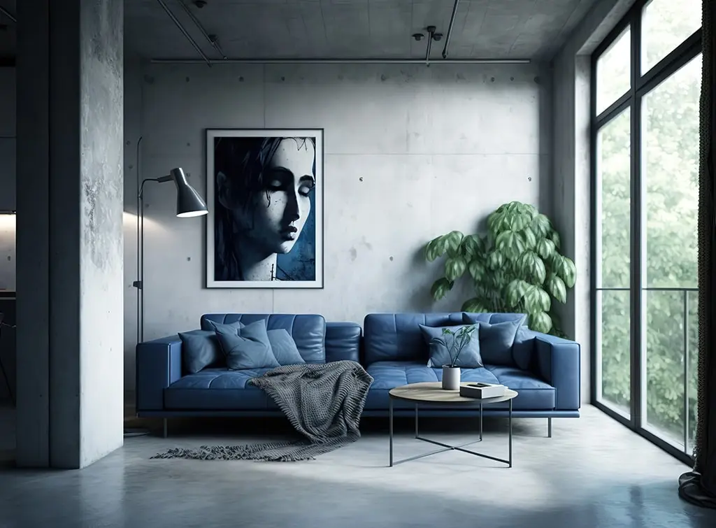 Navy and grey living room concrete