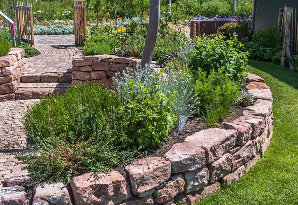 Retaining wall in landscaped garden