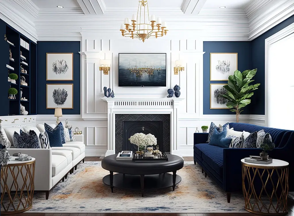Navy blue living room white