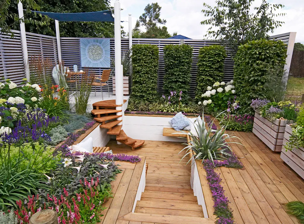 Garden decking in a small, multi-level garden