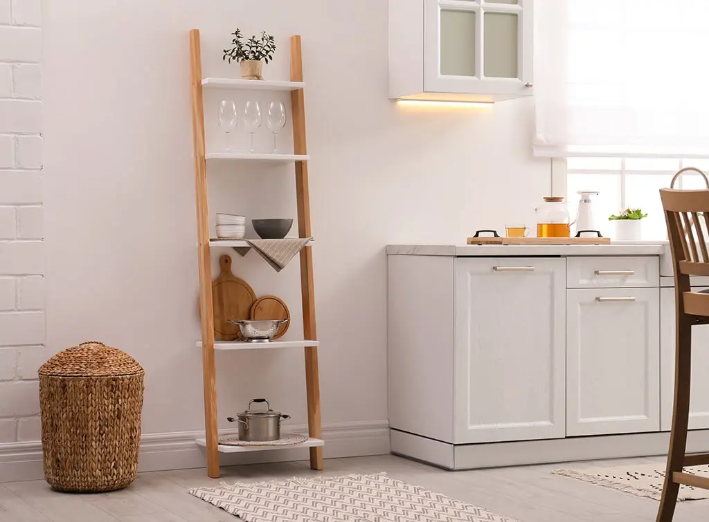 ladder storage for kitchen wall decor idea