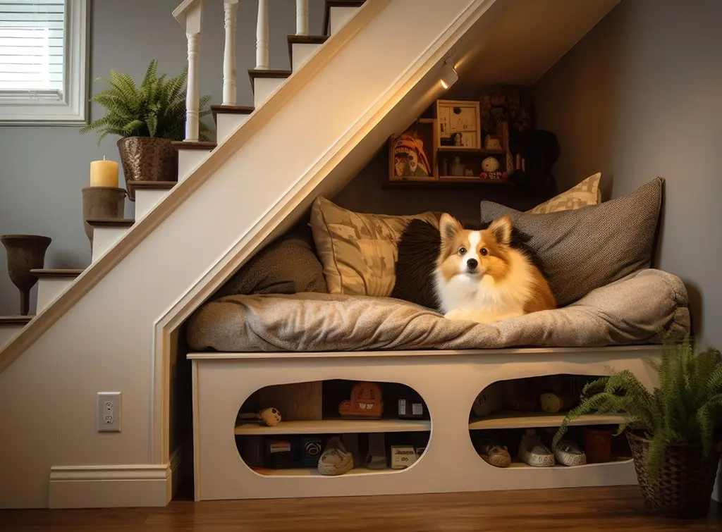 Cosy understair pet bed den AI concept image