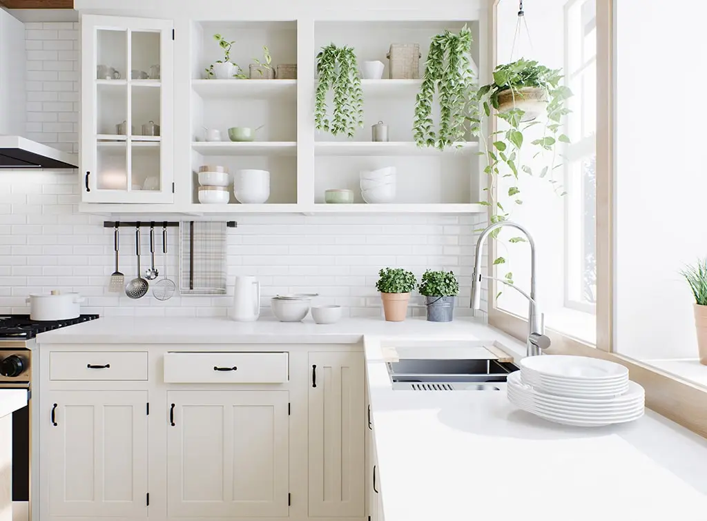 open cupboards in white kitchen