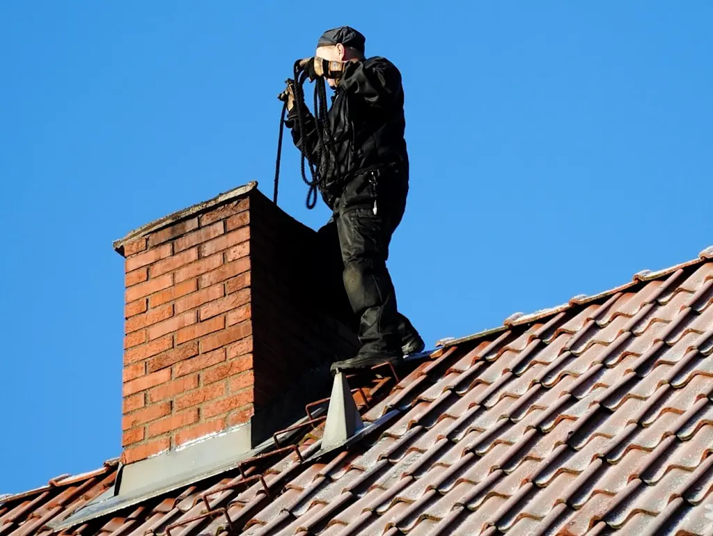 chimney sweep working on roof