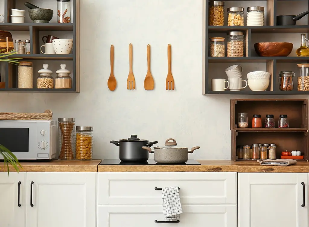 open wall units in kitchen