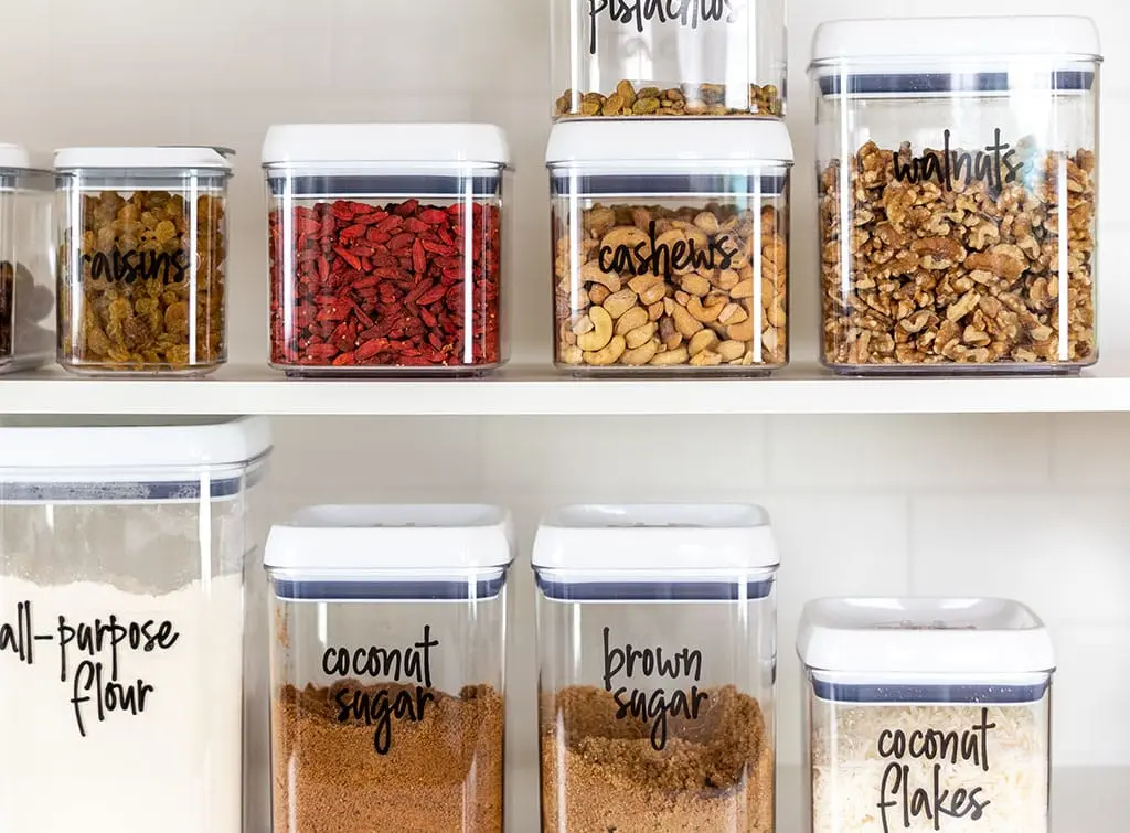 pantry shelves with labelled jars