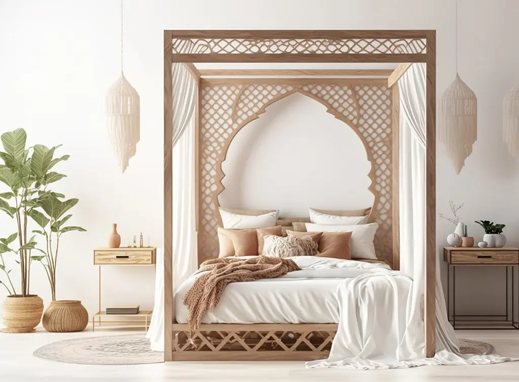 Neutral bedroom with wooden bed