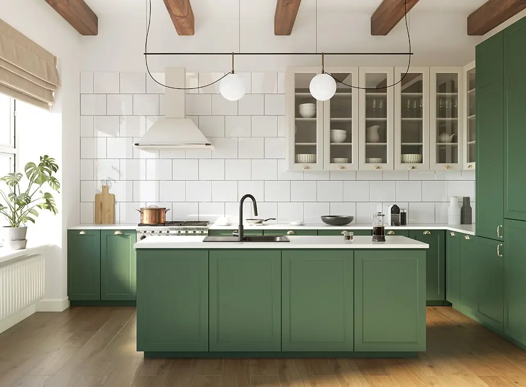 AI-generated image of a classic, green kitchen