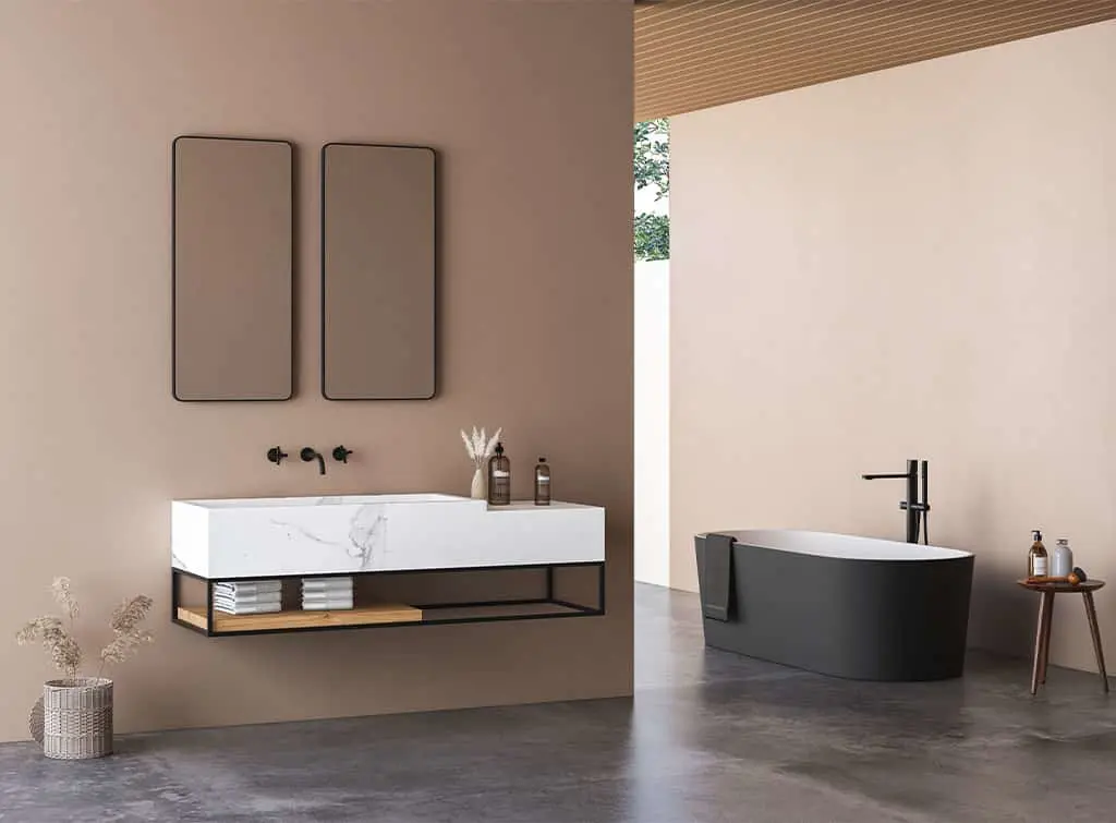 white and grey bathroom with accent colour