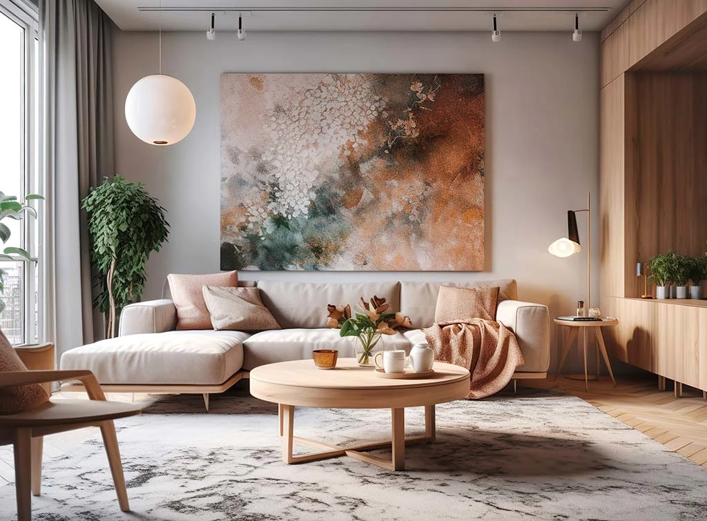 Neutral living room with floral artwork
