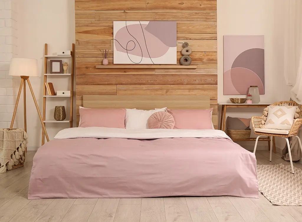 pink and wood bedroom design