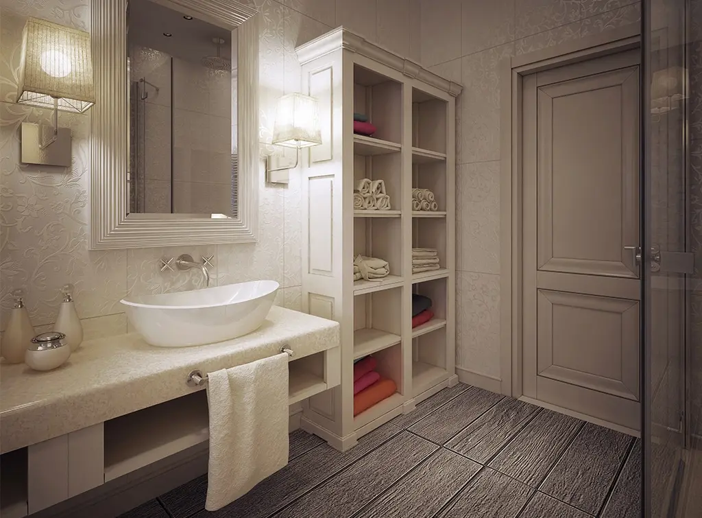 Open shelving towel storage in a period bathroom