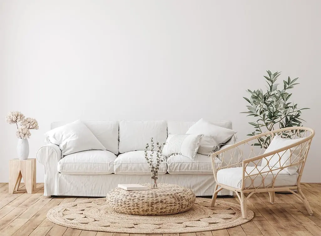 neutral living room design with natural fibre mat, simple sofa and plants 