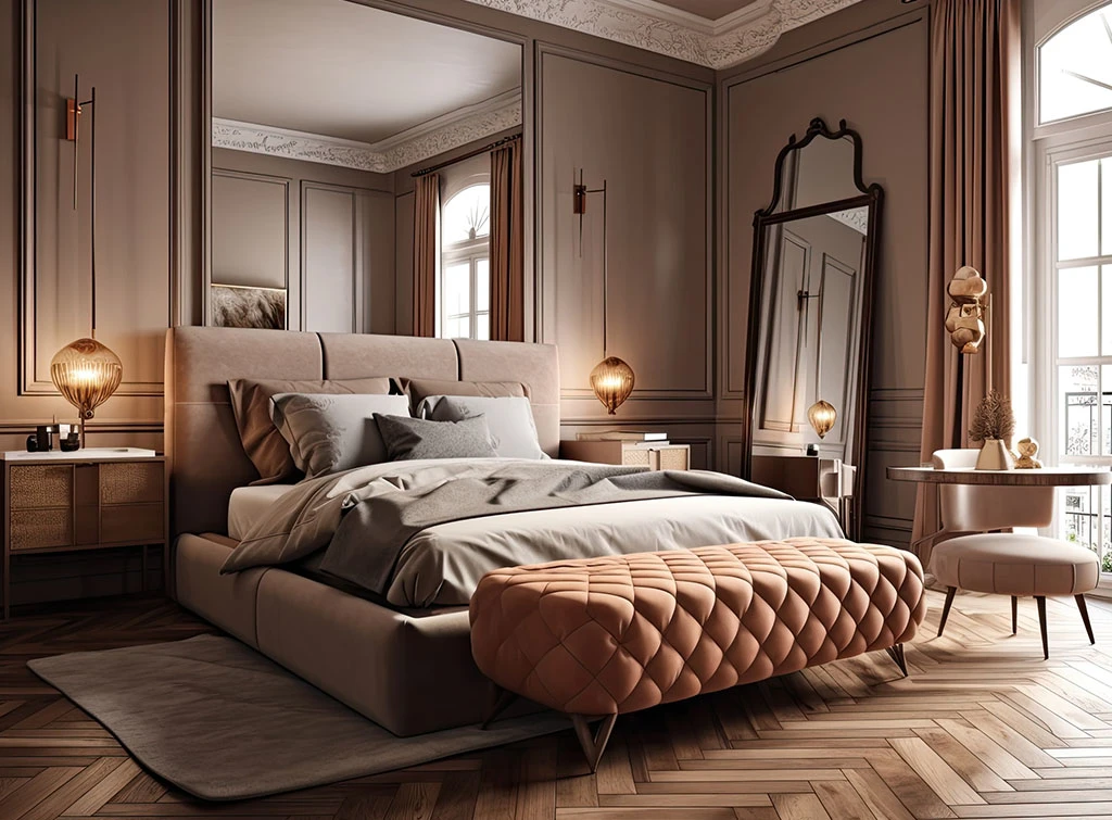 Taupe bedroom with dark furniture