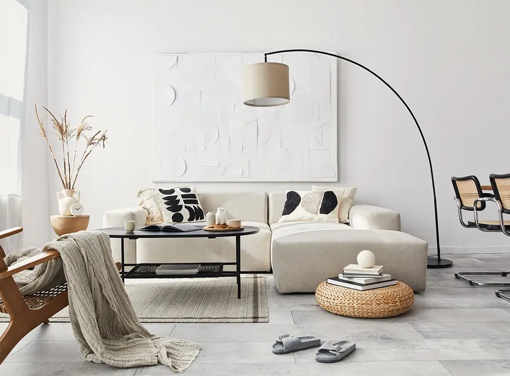 Neutral living room with white walls