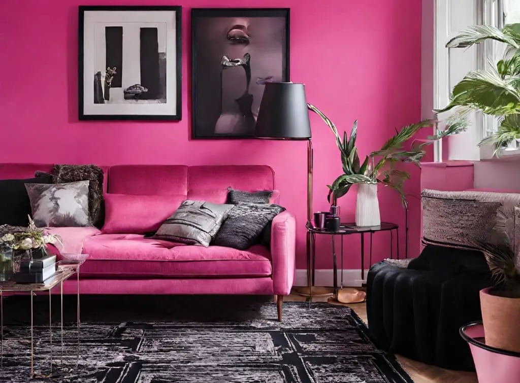 Bright pink walls and couch with black and white monochrome carpet. Black and pink living room ideas.