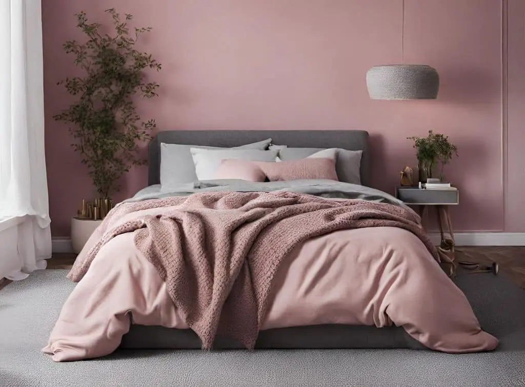 Grey and pink bedroom design trend with organza curtains, a potted plant, and a low hanging light