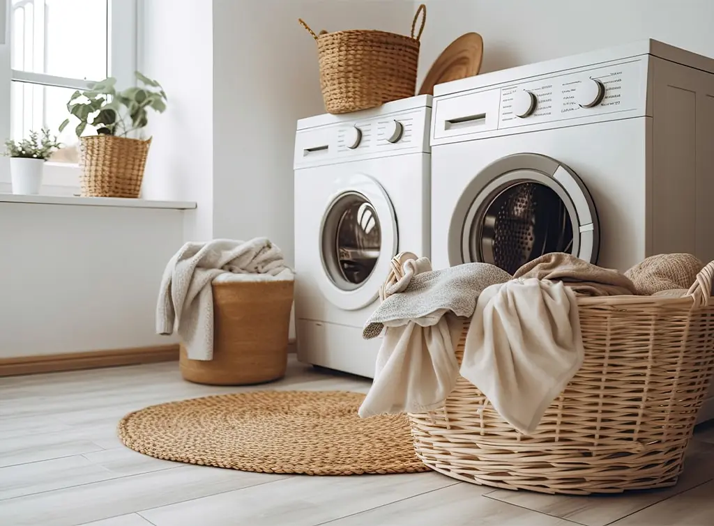 storage baskets in utility room