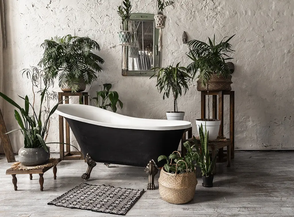 rustic bathroom design with plants
