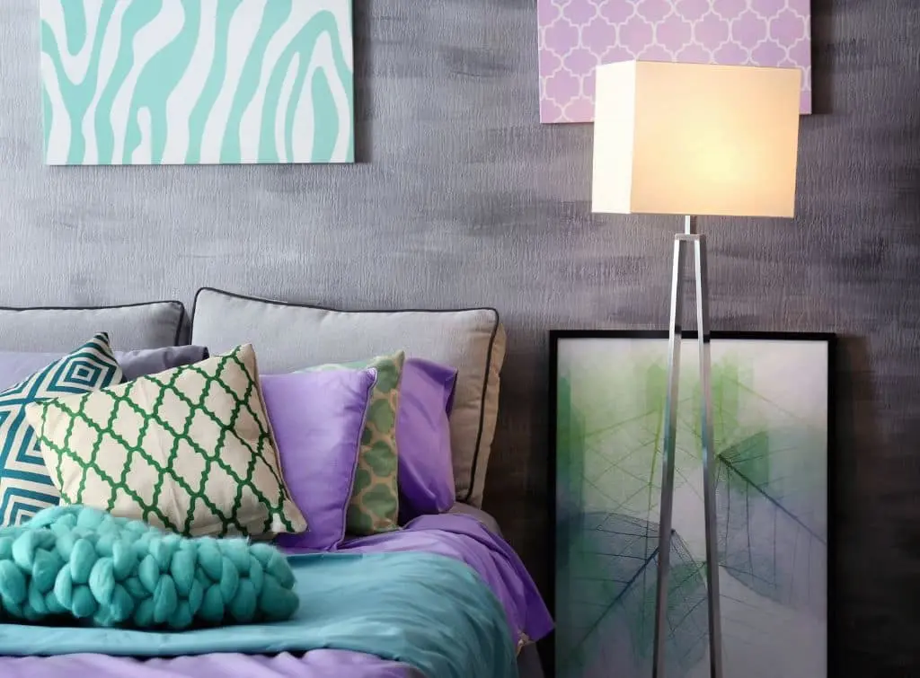 introduce another colour to purple and grey bedrooms