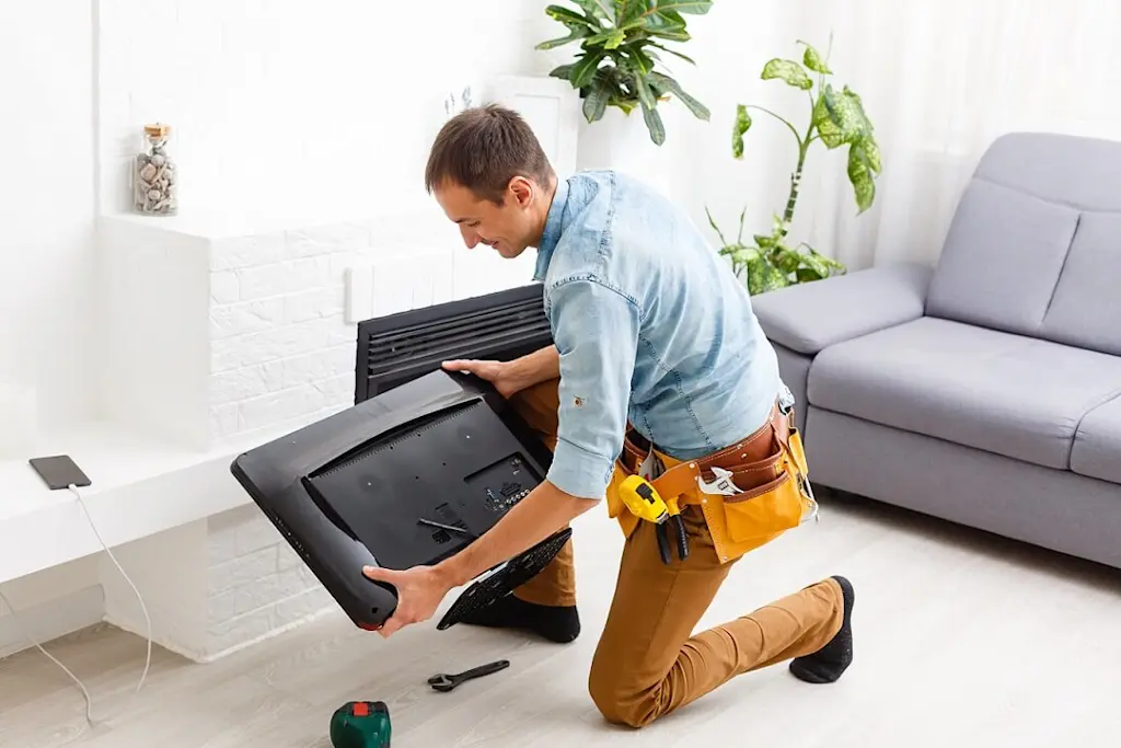someone fixing a tv in the home