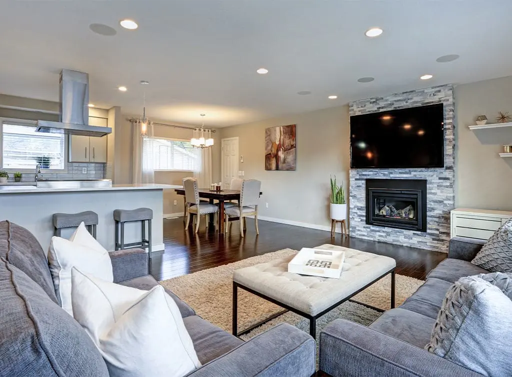 open plan kitchen living dining