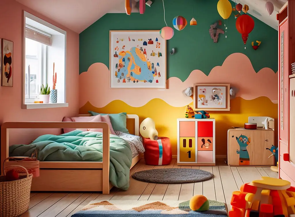 Blue and peach kids' bedroom AI concept image