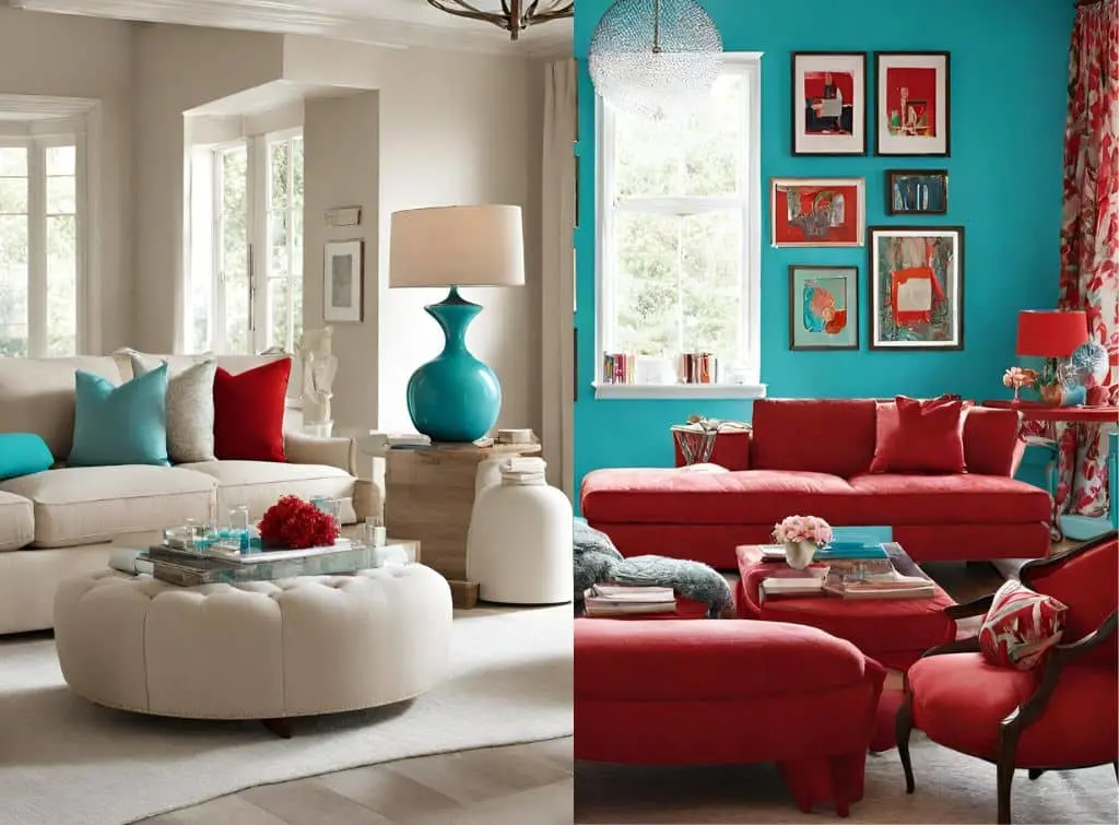 Turquoise and red living room interiors - split image. One bright and one neutral with bold accents.