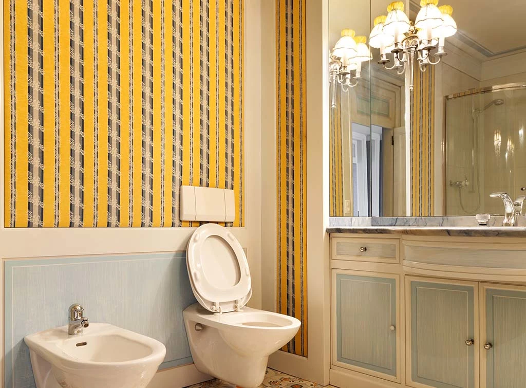 striped wallpaper in a bathroom