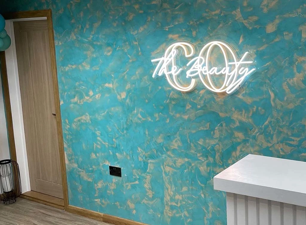Blue Venetian plaster wall by [Majestic Plastering](https://www