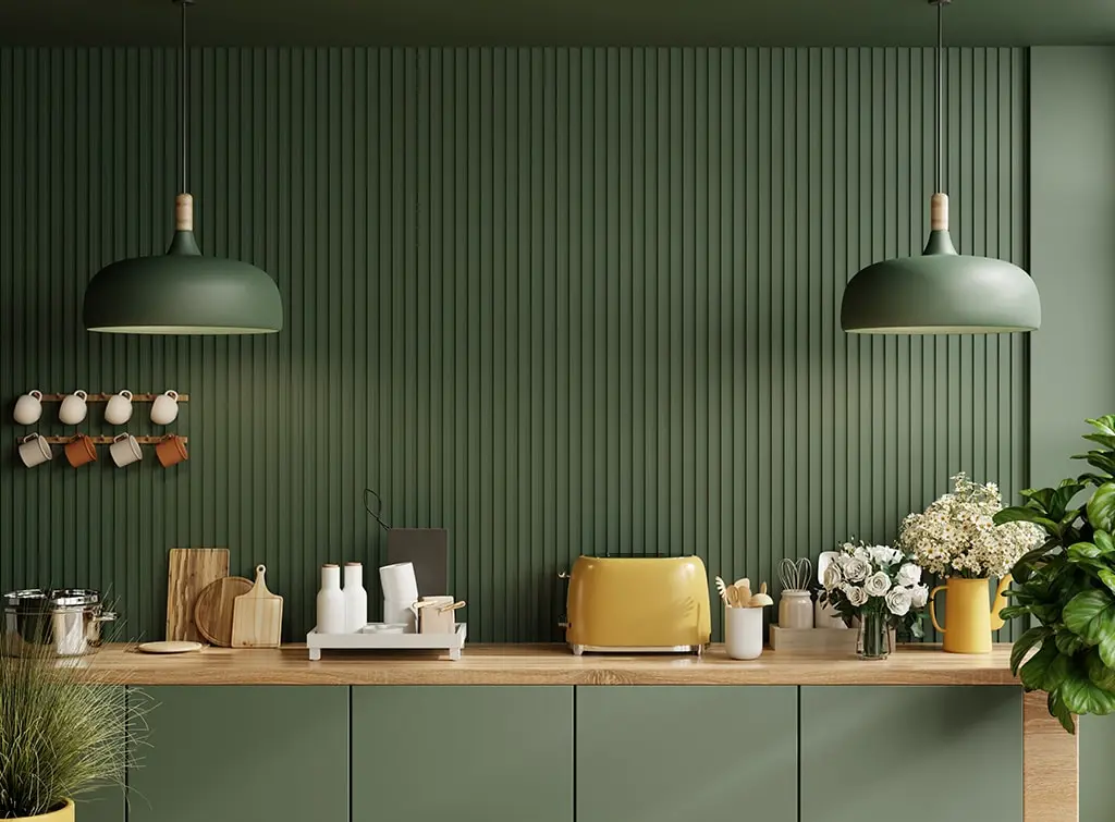 green kitchen wall panelling