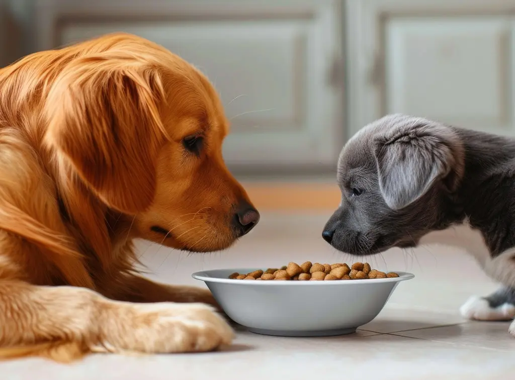 AI-image of dogs with their food bowl