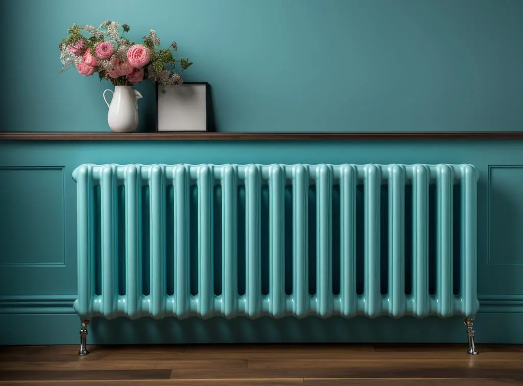 Bright teal coloured column radiator