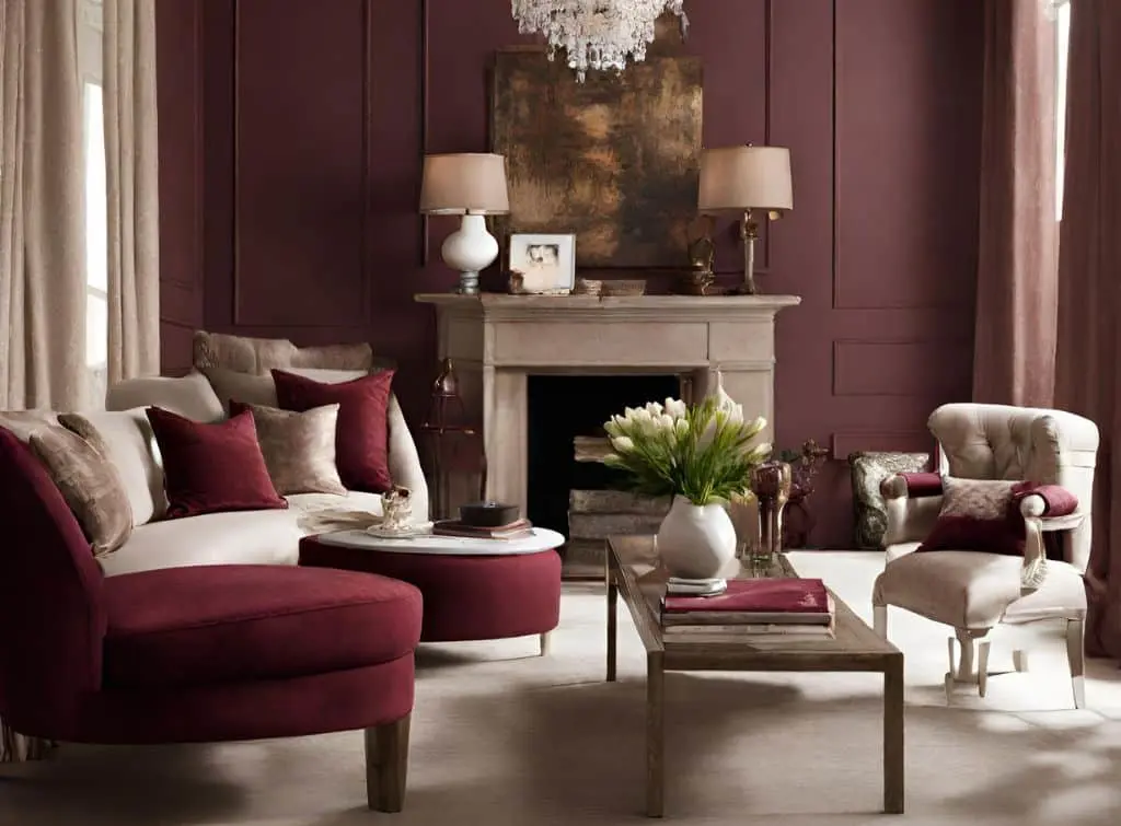 Taupe and burgundy living room concept image