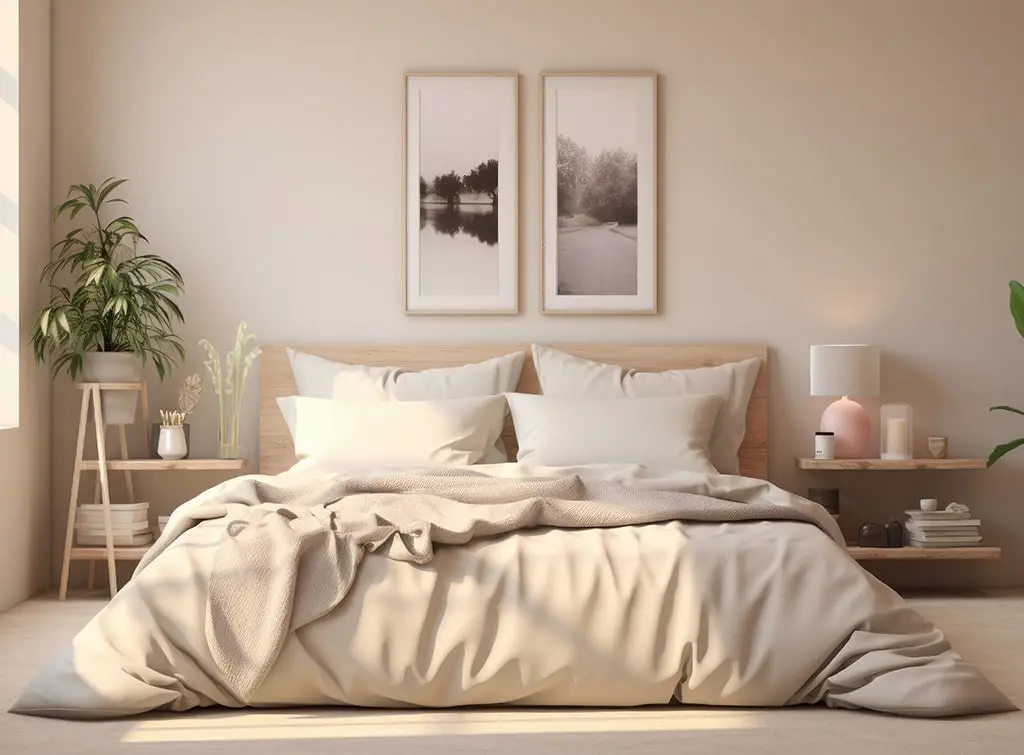 cream bedroom design with relaxed bedding