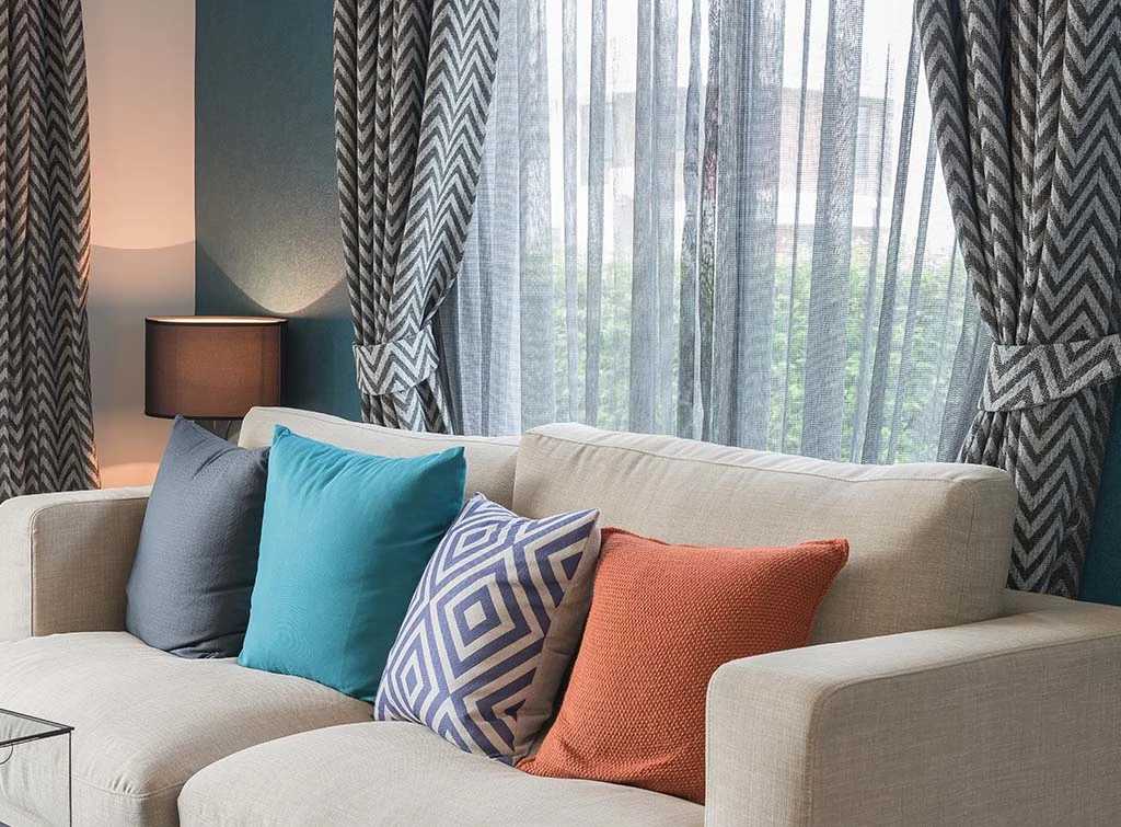geometric curtains in living room